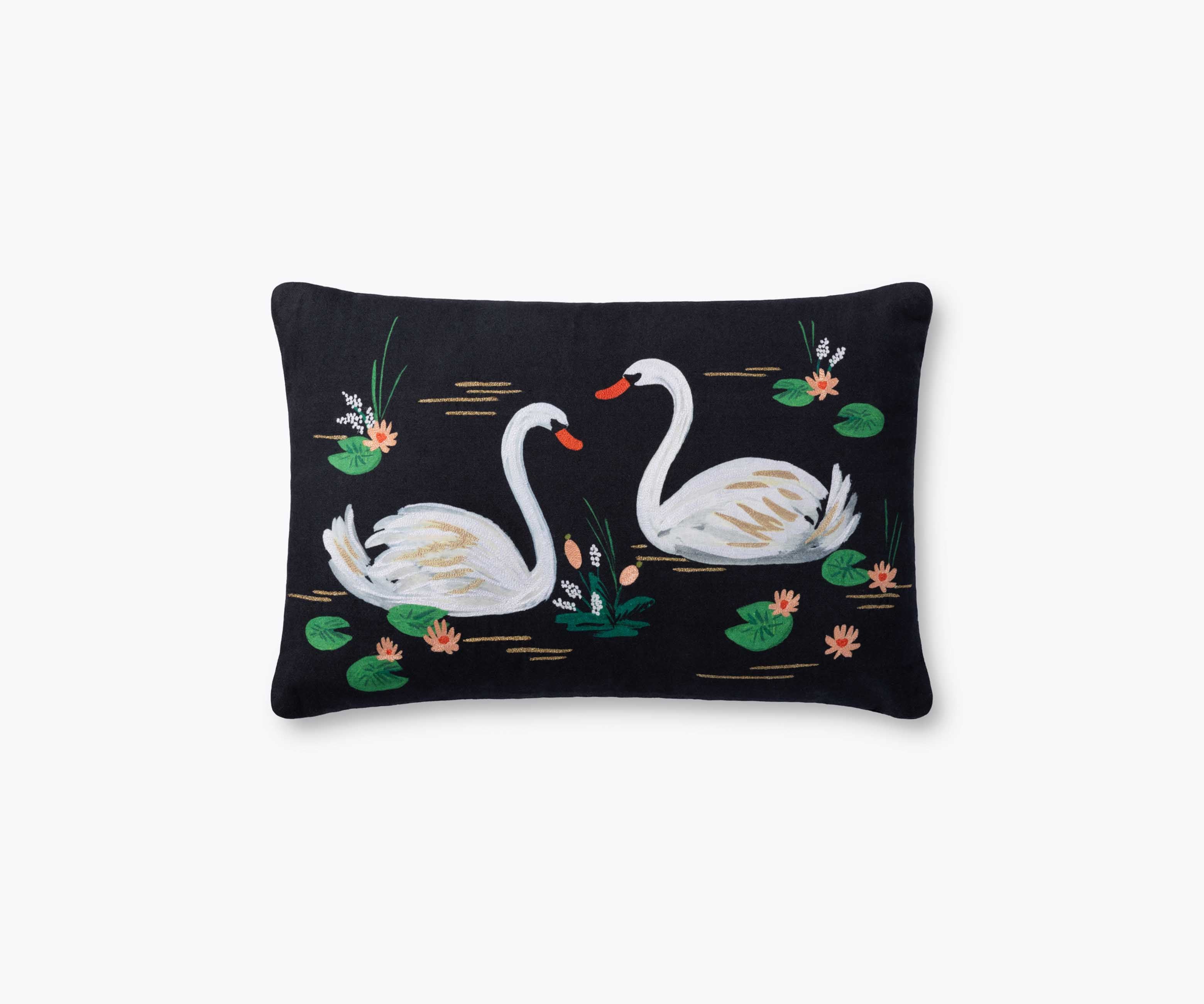 Swans Embroidered Pillow - Black